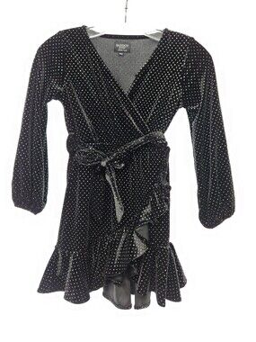 Bardot Junior Black Velvet Silver Polka Dot Faux Ruffle Wrap Dress Sz Child 7